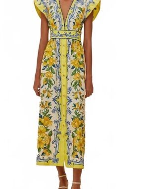 NWT FARM Rio Sicily Yellow Floral Midi Dress with Blue Accents Size Small